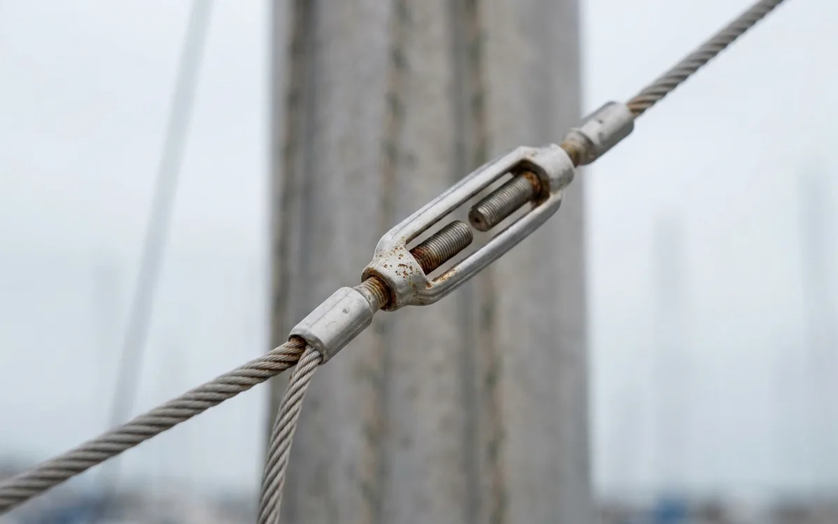 Close-up of standing rigging wire and swaged terminal showing subtle signs of age.