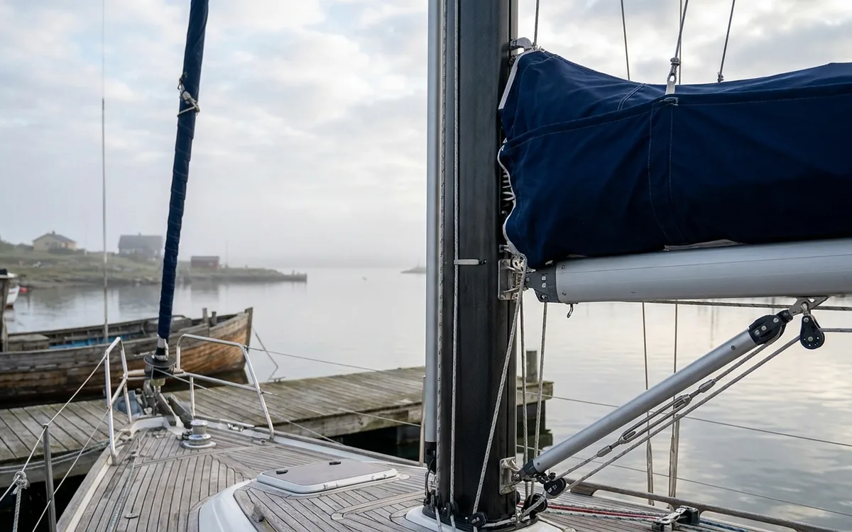 Freedom sailboat’s smooth freestanding mast beside an external mast furler at the dock