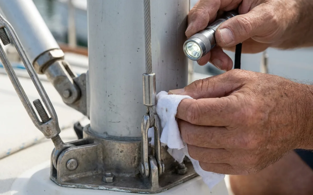 Hands draw a white cloth along a shroud toward its swaged terminal to check for a snagging broken strand.