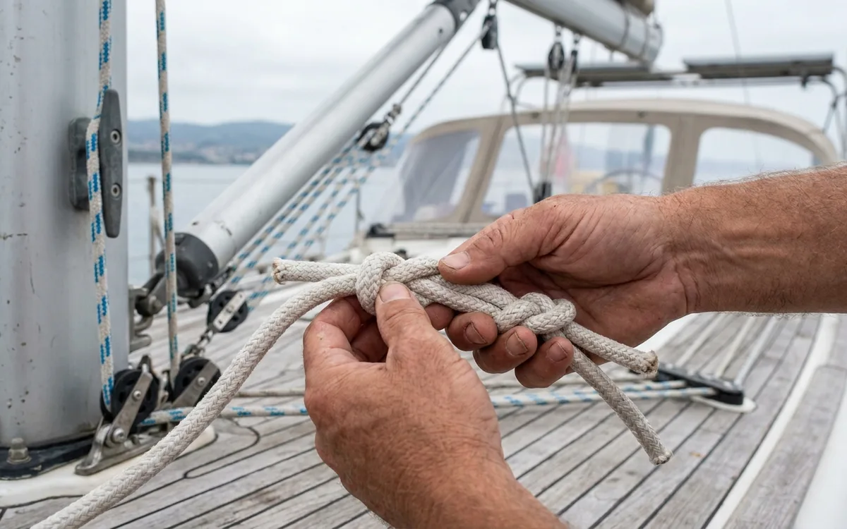 Hands inspect the unloaded interlocking bowlines for chafe, wear, and secure tails.