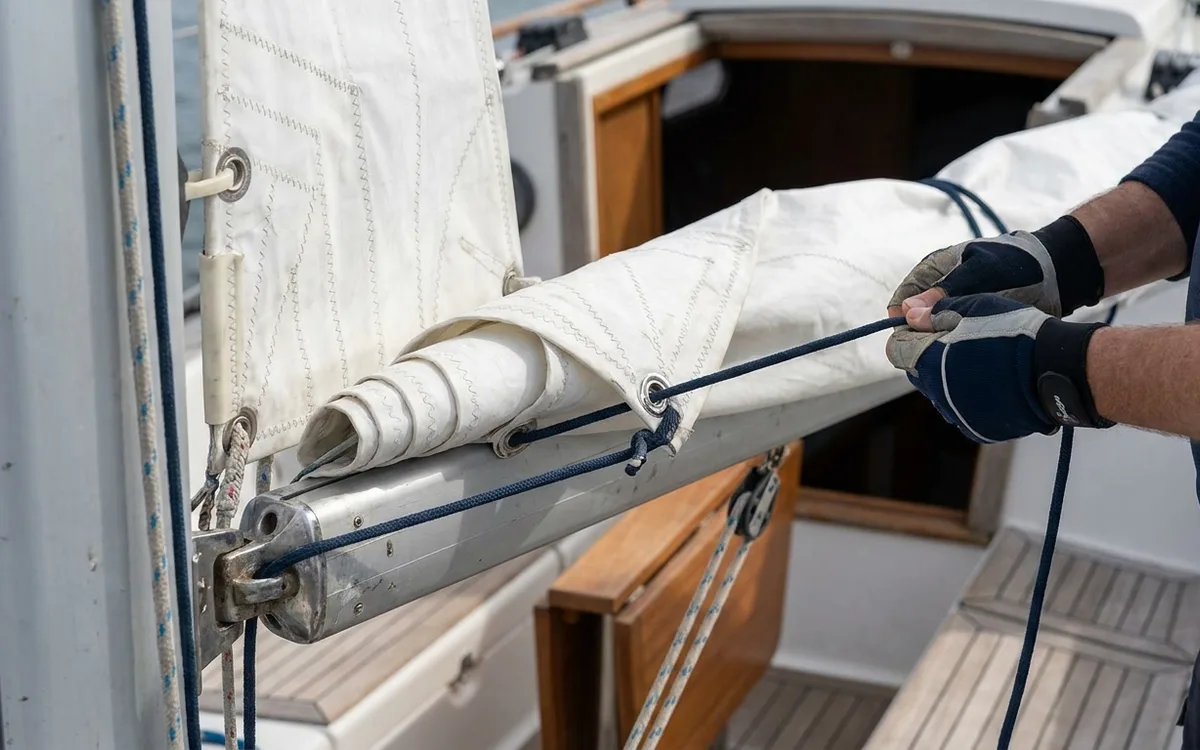 Hands secure a mainsail reefing line through a reef cringle and snug the sail to the boom.