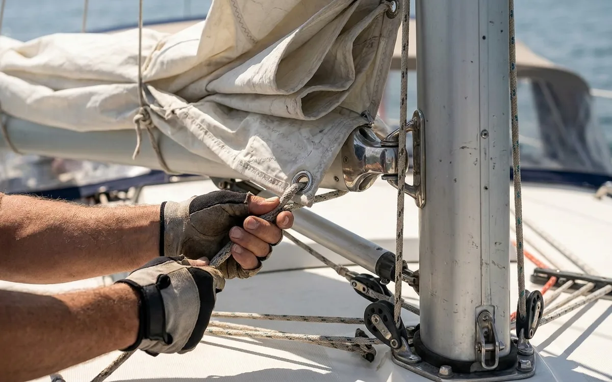 Hands tighten a slab reefing line to shorten the Monsun 31 mainsail at its reef point.