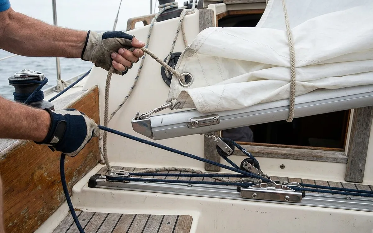 Hands tension the first slab reef on an Albin Ballad mainsail from the cockpit.
