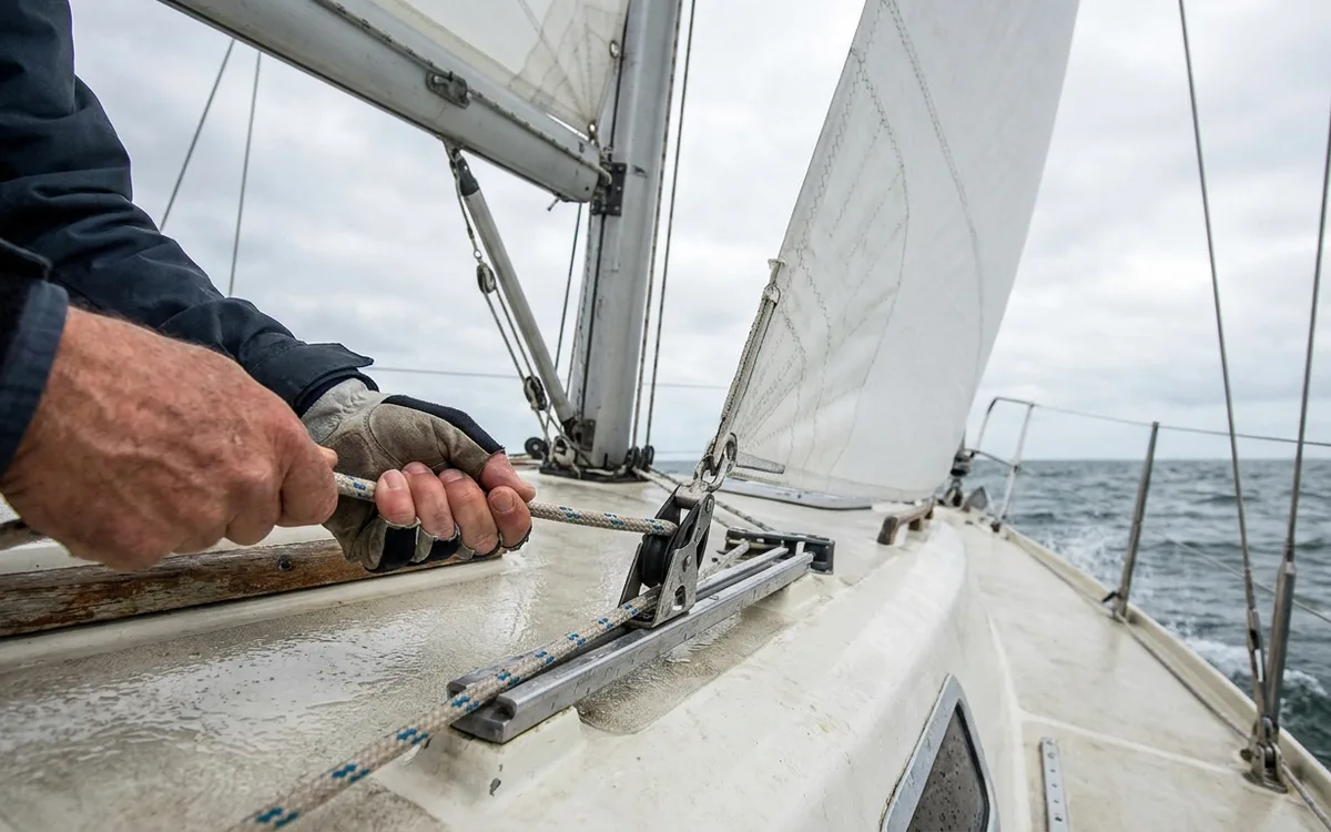 Hands trim the high-clewed working jib through the track car on an Albin Vega 27.