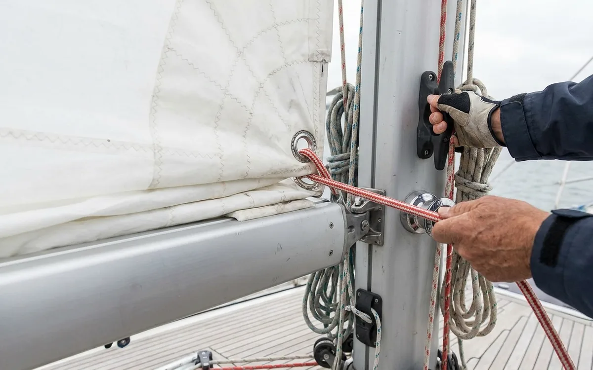Hands tension a slab-reefing line through the mainsail’s reef cringle to secure a reef at the boom.