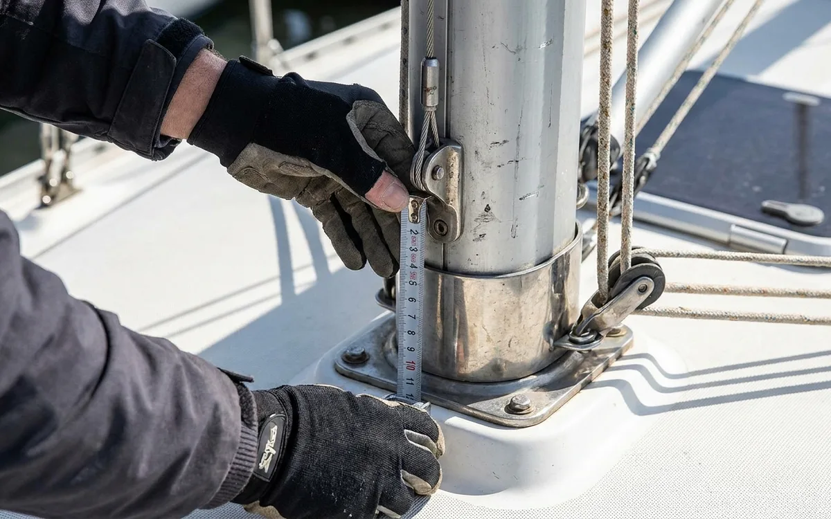 Hands measure the mast above the forestay attachment to identify a fractional rig.