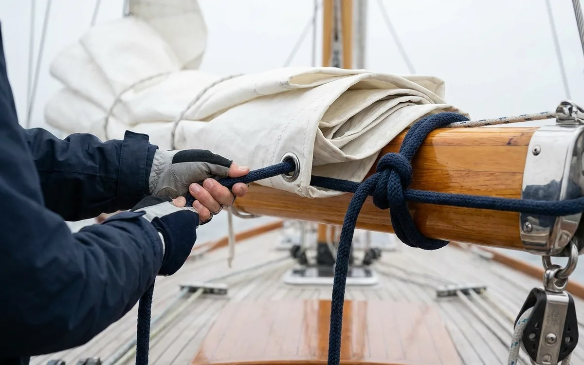 Hands secure a mainsail’s reef cringle to the boom with a slab-reefing line.