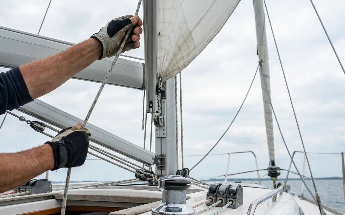 Hands hoist the mainsail into the mast track on a Dehler 34 with its fractional rig.