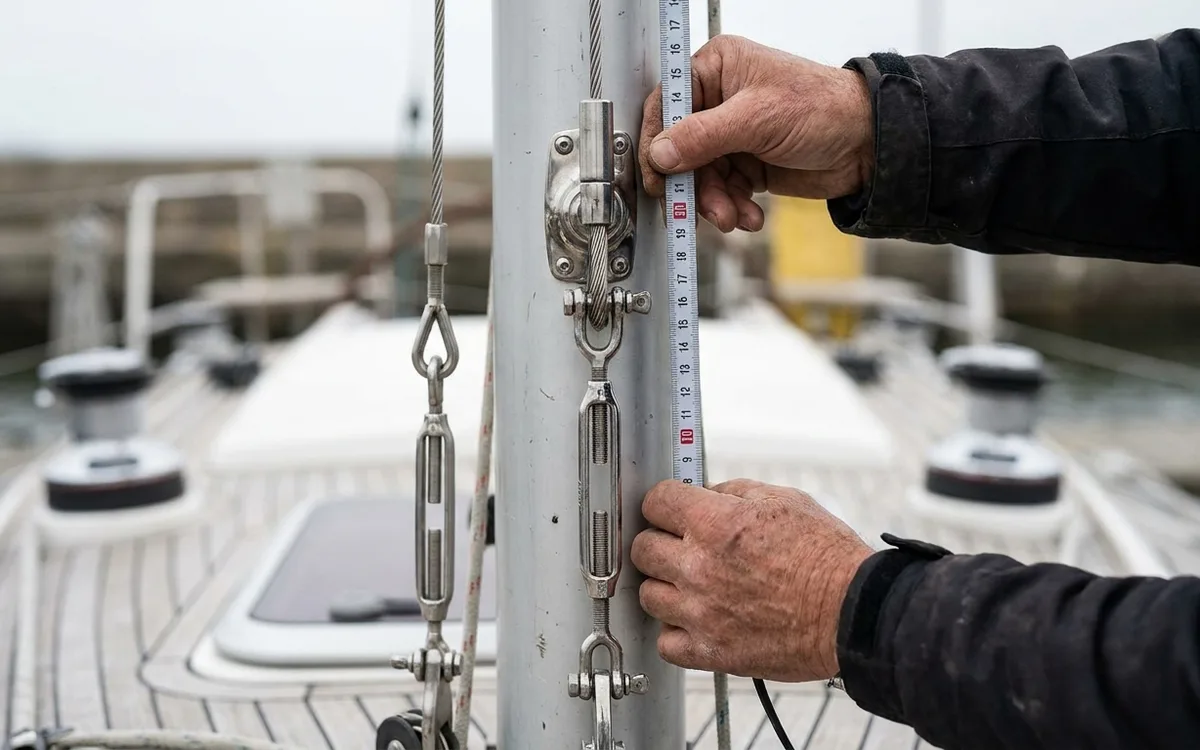 Hands measure the forestay attachment below the masthead to identify the X-372 fractional rig.
