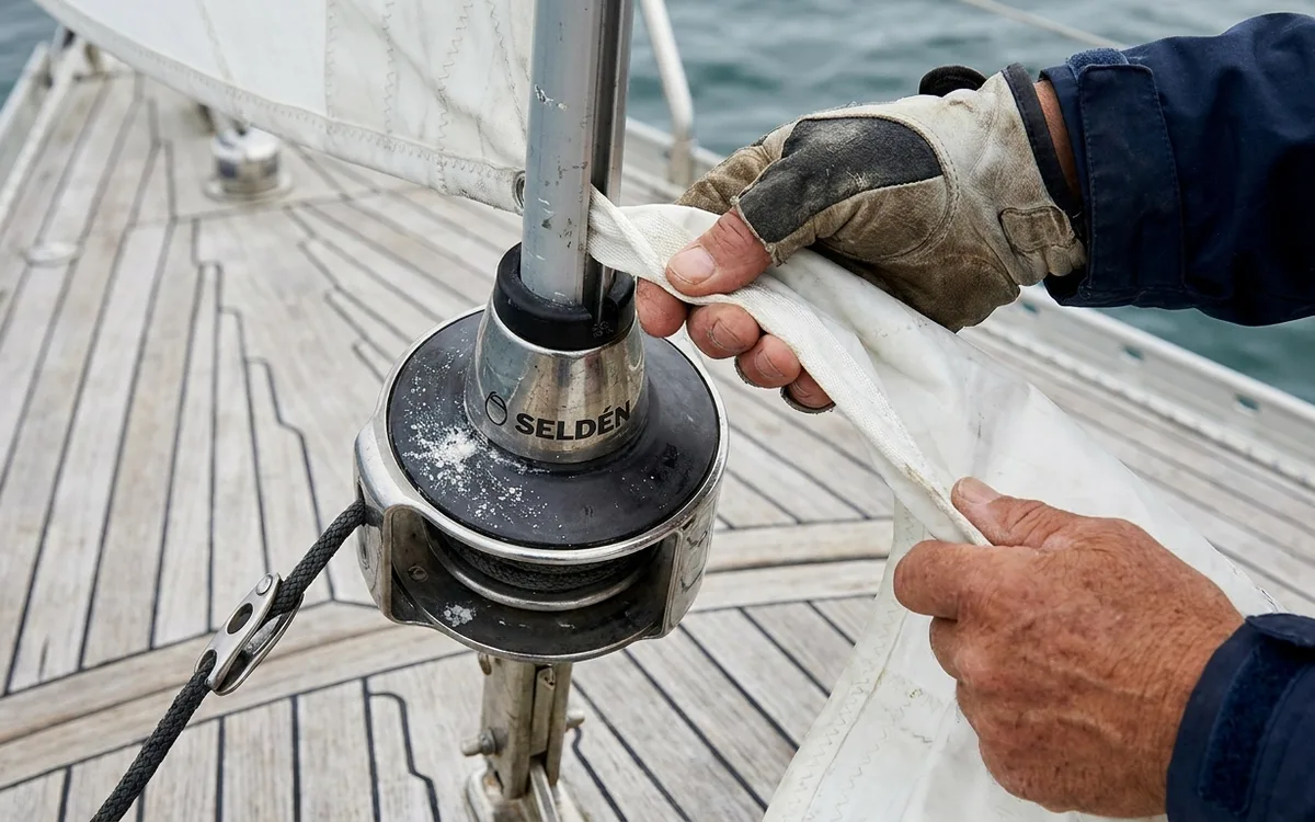 Hands feed a furling headsail’s luff tape into the Furlex foil at the bow.