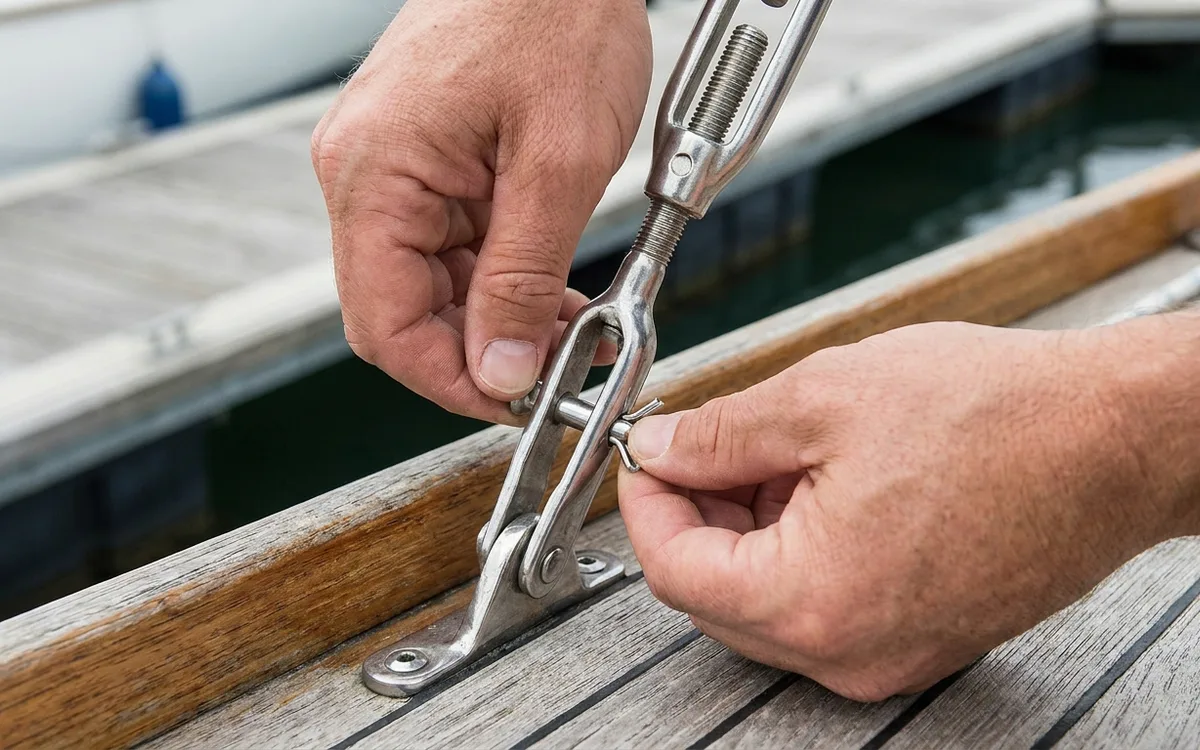 Hands securing a shroud’s fully seated clevis pin with a split pin at the chainplate.