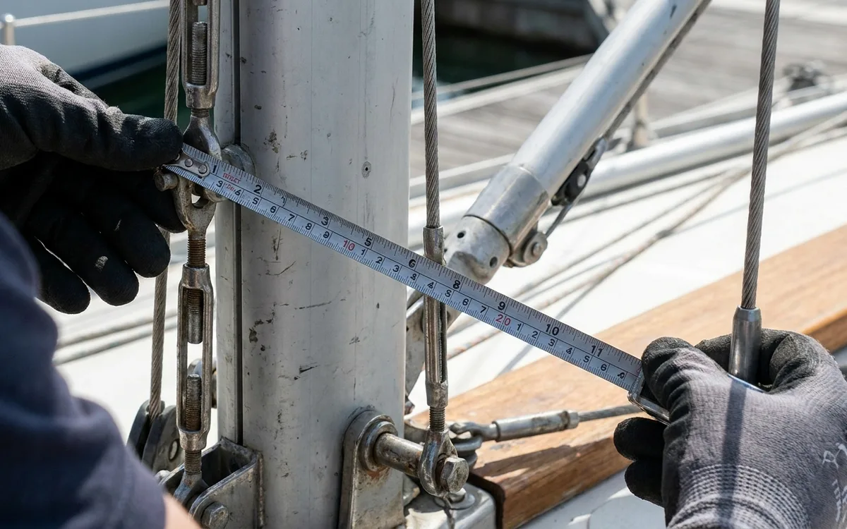 Hands measure a shroud between its specified clevis-pin bearing points with the mast supported.