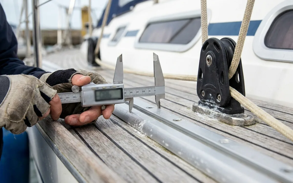 Hands measure the top width of an aluminium genoa T-track with vernier callipers beside the car.