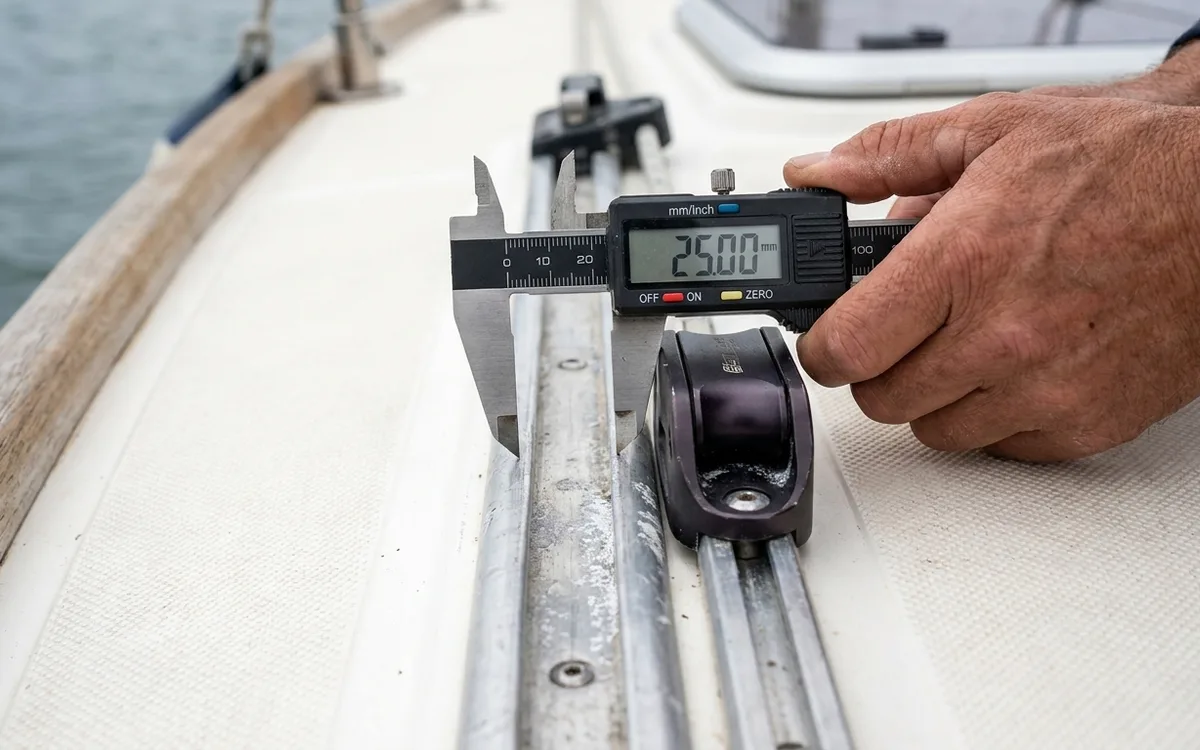 Hands measure the genoa T-track across its top with digital calipers to confirm a 25 mm profile.