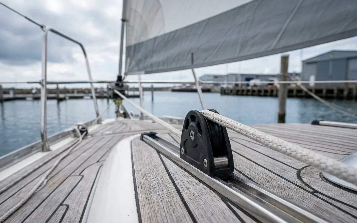Pin-stop genoa car on a 30 mm T-track aboard a Hallberg-Rassy 34.