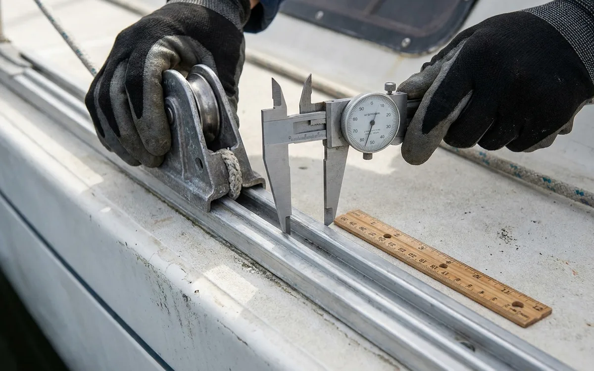 A hand measures the genoa track’s top width with vernier calipers beside the lead car.