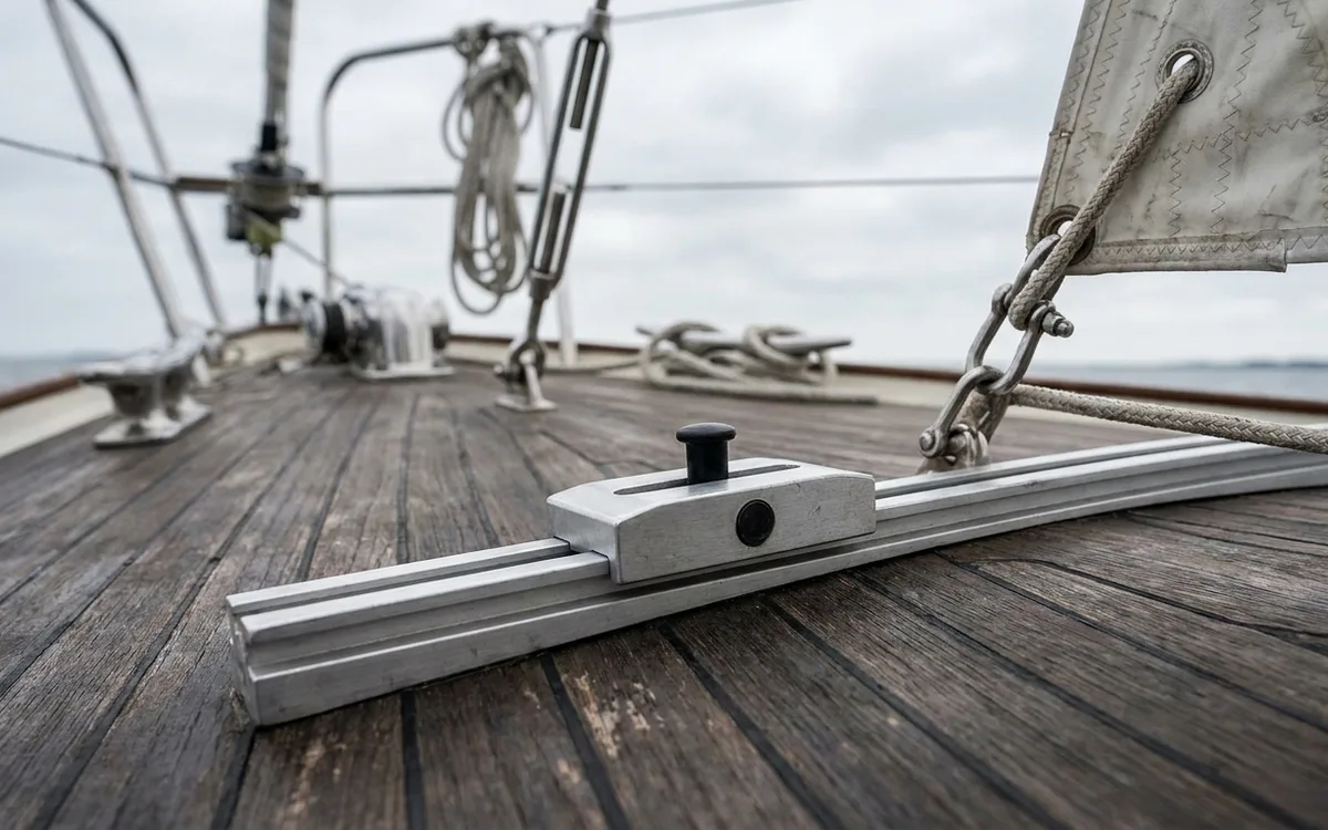 Close-up of a pin-stop genoa car fitted to an aluminum T-track on a sailboat deck.