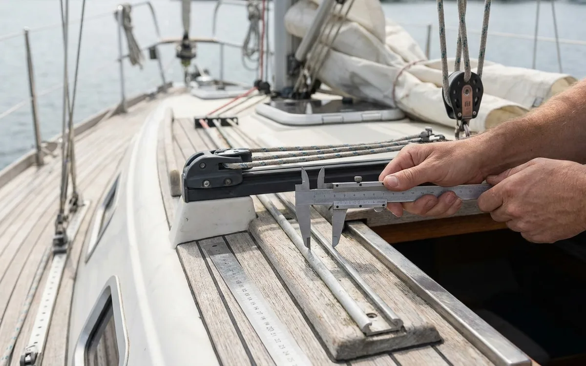 Hands measure the genoa track head across its width with vernier callipers.