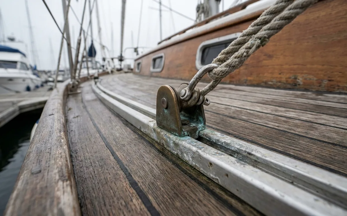 Silver T-track and pin-stop genoa car mounted along a weathered sailboat side deck.