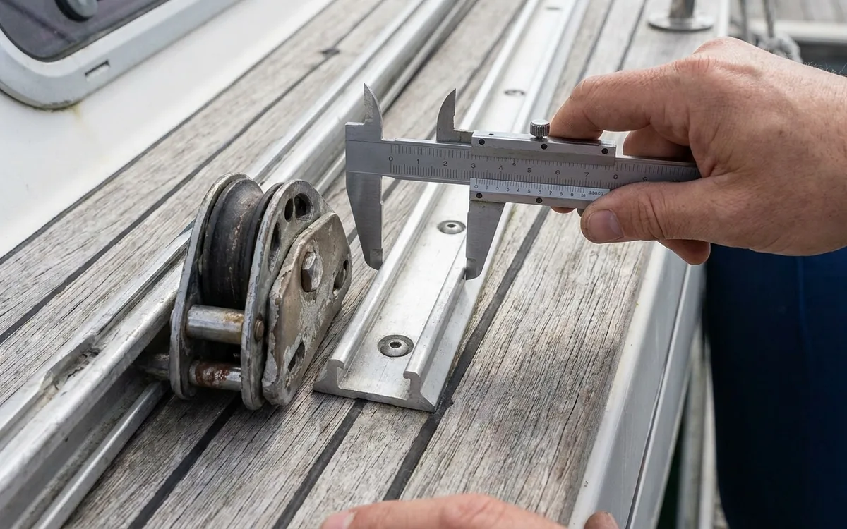 Hands measure a genoa track’s top width with a vernier caliper beside the car.