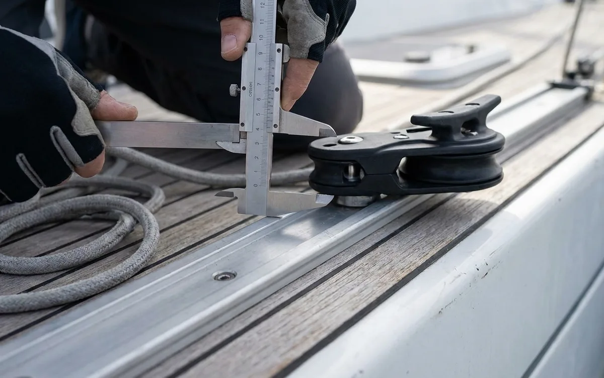 Hands measure a genoa track’s upper surface with vernier callipers beside the sheet-block car.