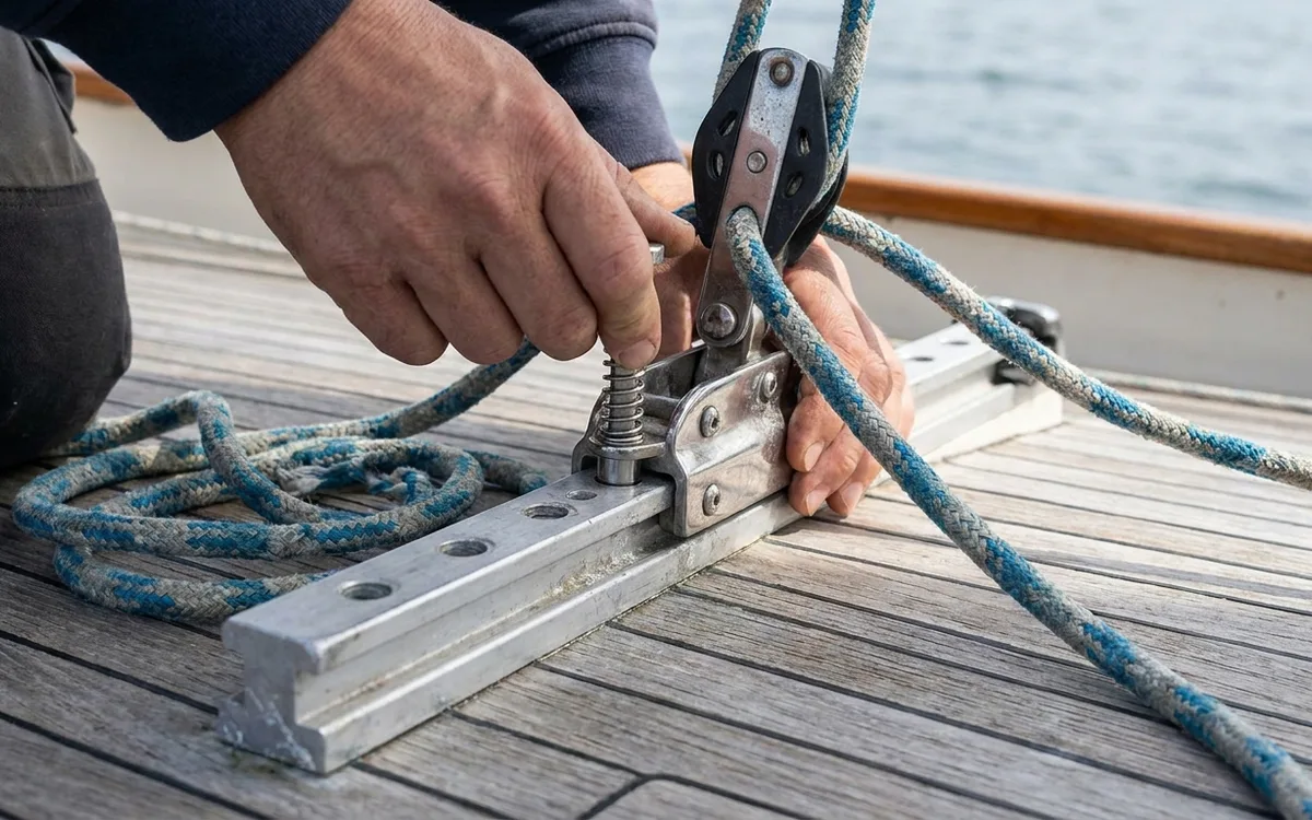 Hands check a genoa car’s spring plunger seated in a locking hole on a T-track with the sheet slack.
