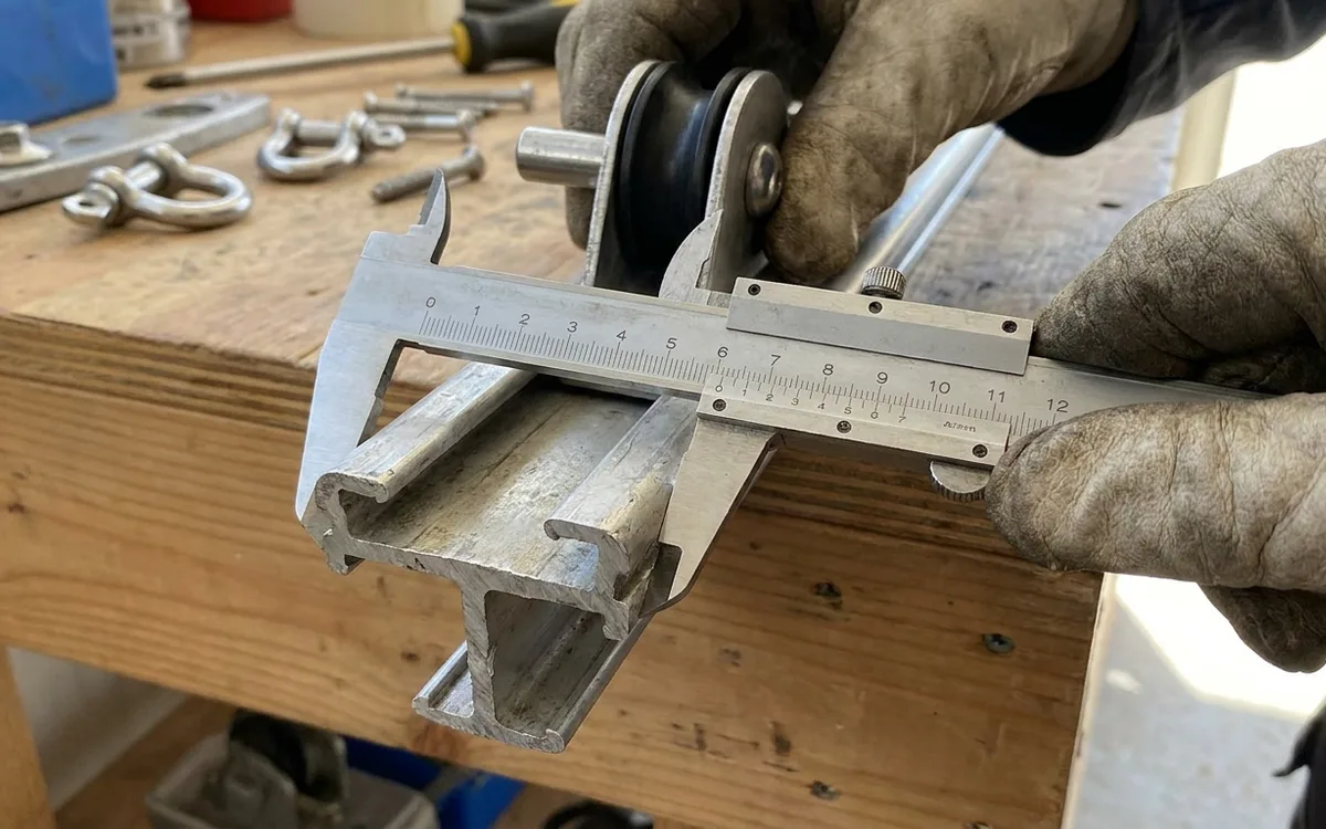 Hands measure the T-track head with vernier callipers beside its pin-stop genoa car.