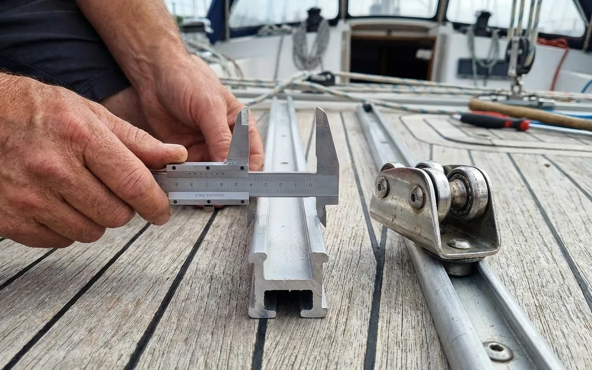 Hands measure a genoa track’s top width with vernier callipers beside the car.