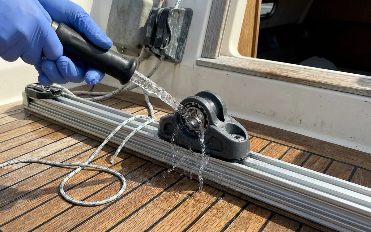 Hands flush salt from a Harken 27mm genoa car and track with fresh water.