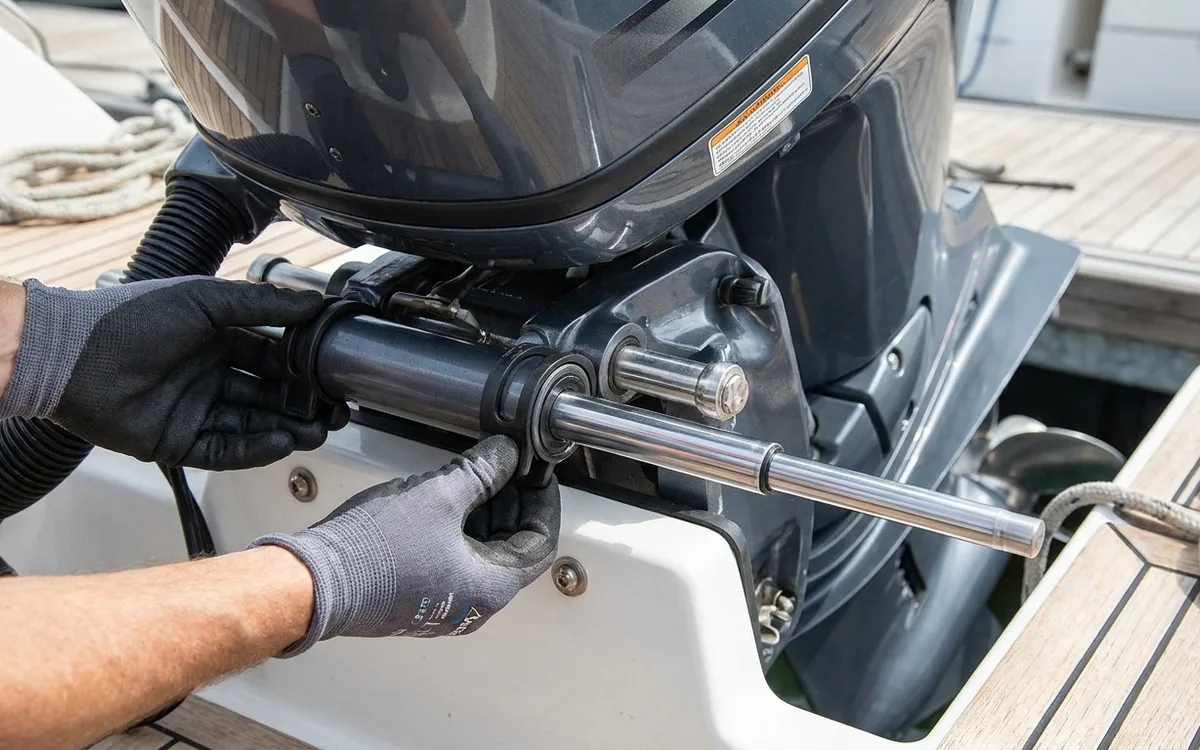Hands fit matching steering clips over the exposed rod of a centered outboard hydraulic cylinder.