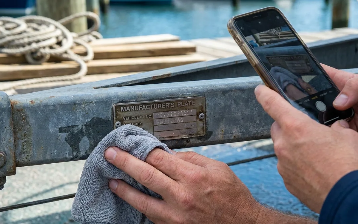 A hand gently cleans a boat trailer VIN plate on the drawbar while another photographs it.