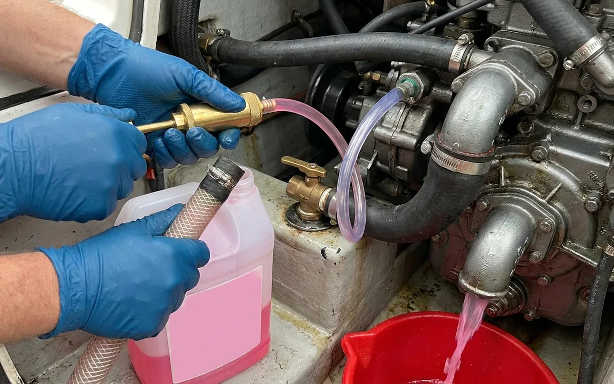 Hands pump antifreeze through a boat engine’s seawater intake into a catch bucket with the seacock closed.
