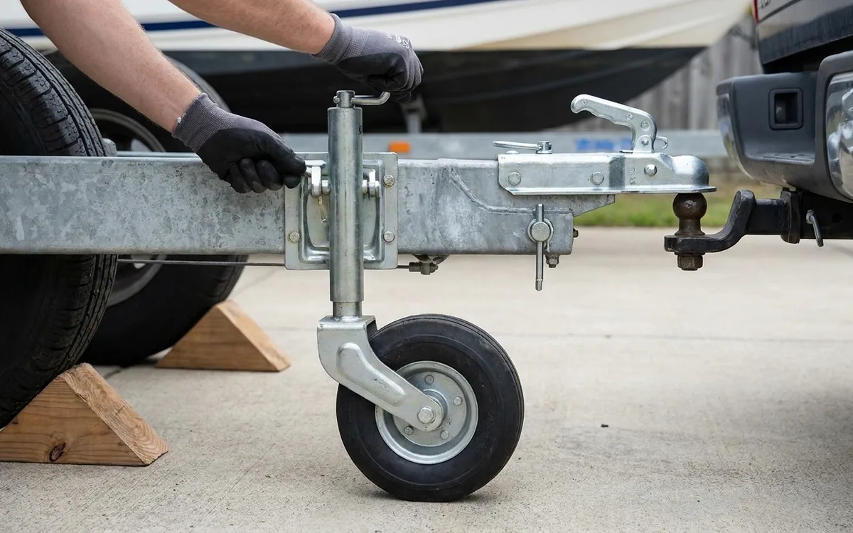 Hands crank a jockey jack on a chocked trailer, lifting the coupling clear of the towball.