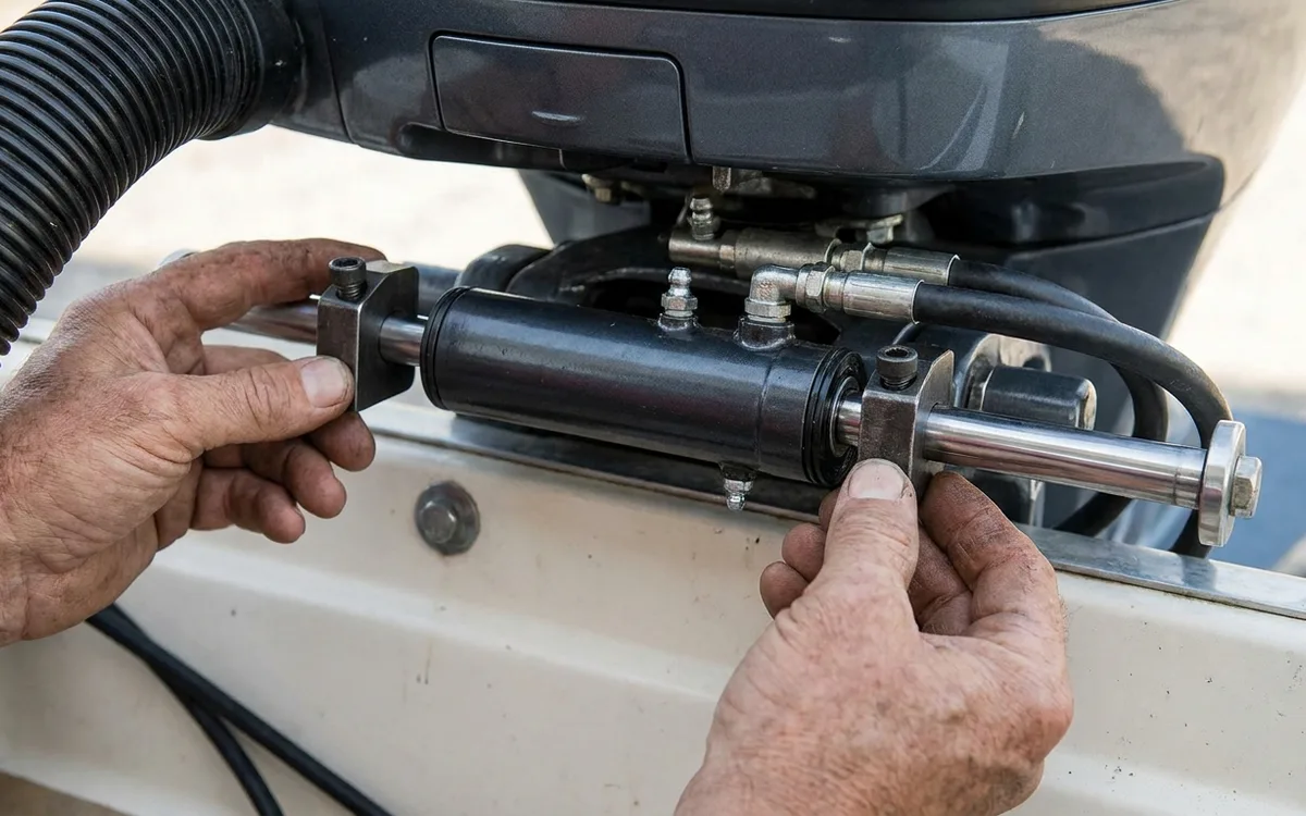 Hands fit steering stops on both exposed sides of a hydraulic cylinder rod with the outboard centred.