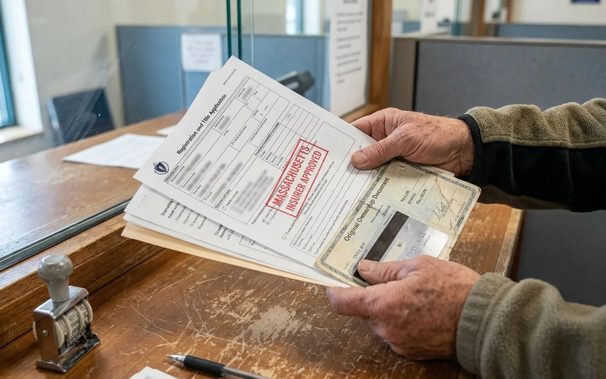 Hands submit an insurer-stamped trailer application with its ownership document at an RMV counter.