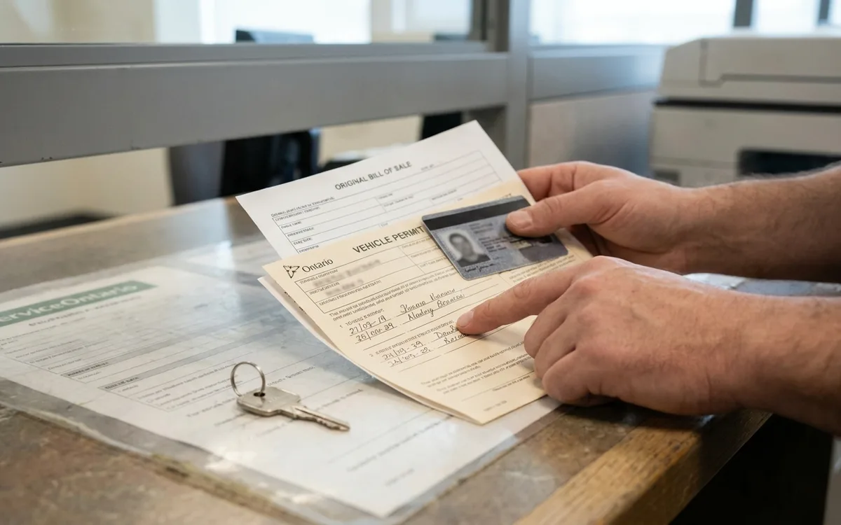 Buyer presents the signed trailer permit, bill of sale, and identification at a registration counter.