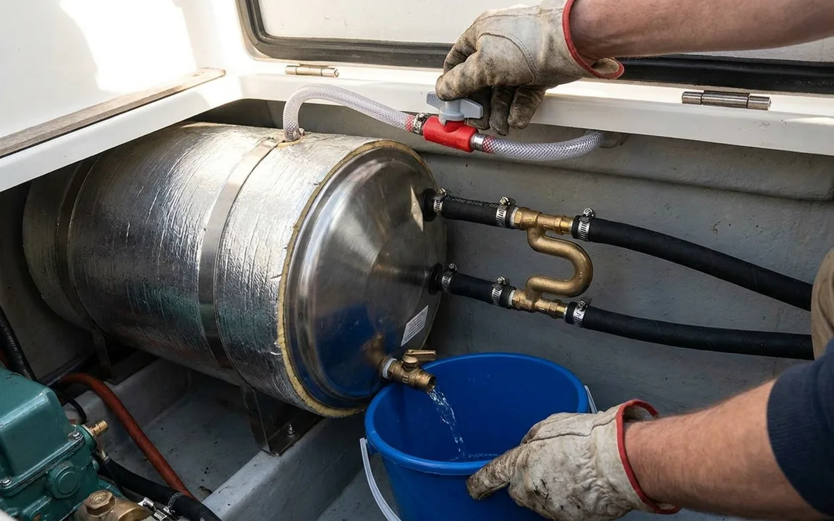 Hands drain a boat calorifier into a bucket and join its hot and cold hoses with a bypass connector.