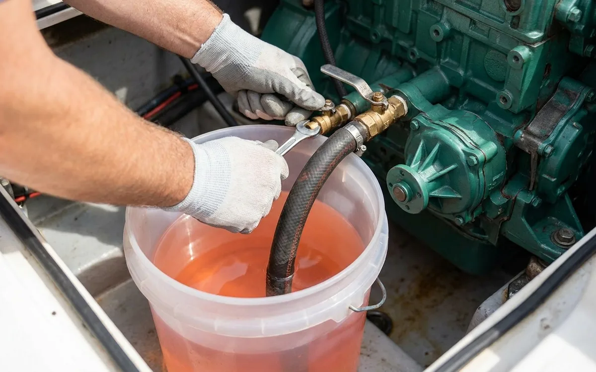 Hands place the raw water intake hose in a bucket of 50/50 marine antifreeze for flushing.