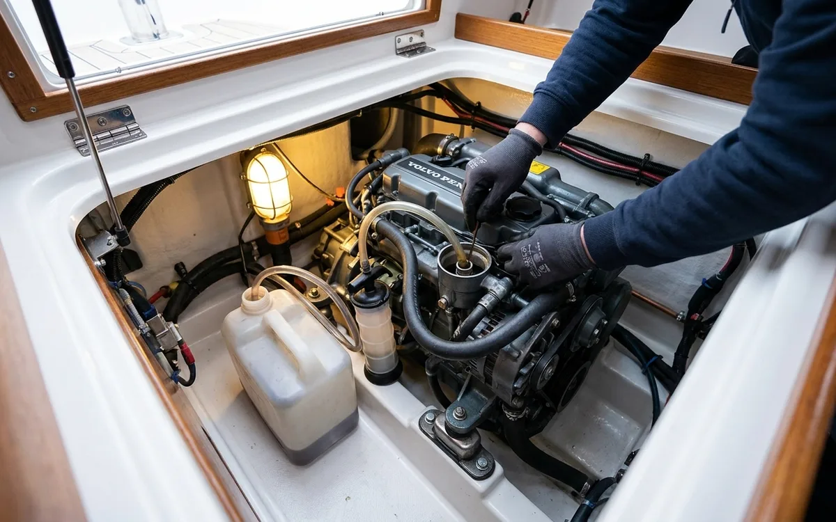 Hands checking the oil filter on a Volvo Penta D1-30 in a sailboat engine compartment.