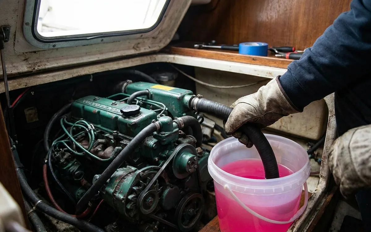 A hose beside a Volvo Penta engine draws pink antifreeze from a bucket for winter storage.