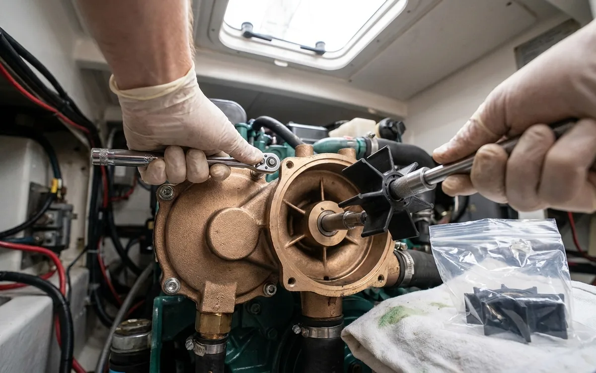 Hands remove the Yanmar 3YM30 raw-water impeller with a puller for inspection.
