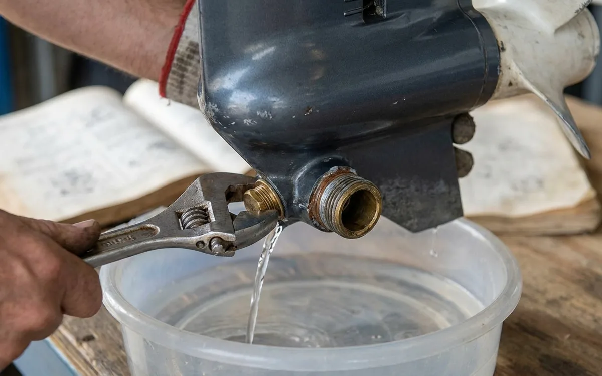 Hands drain water from an outboard engine cooling passage into a pan using its proper drain plug.
