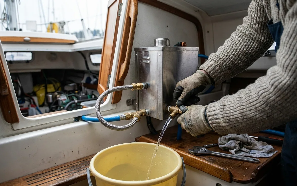 Hands drain a boat water heater while a bypass hose connects the freshwater lines.