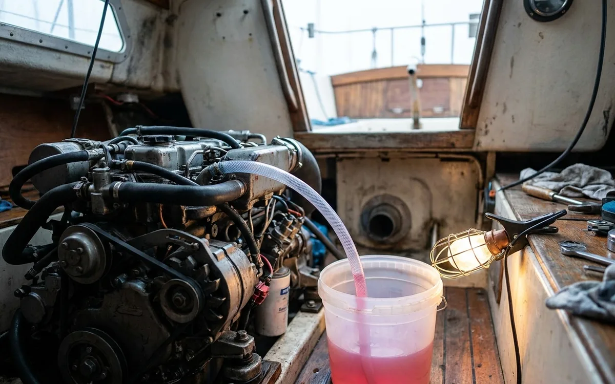 A marine engine intake hose sits in a bucket of pink antifreeze during winterisation.