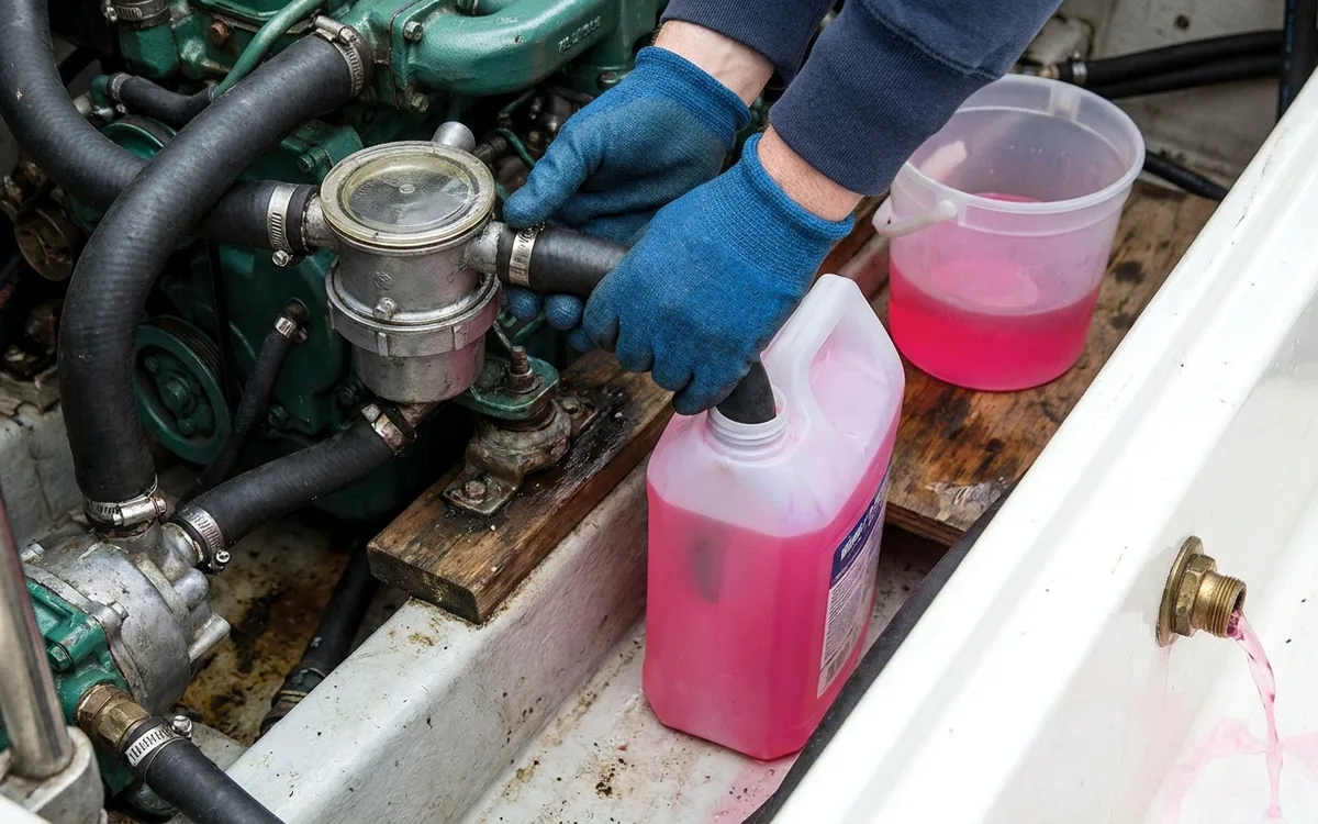Hands feed marine winterising fluid into a small diesel’s raw-water intake hose as it exits the exhaust.