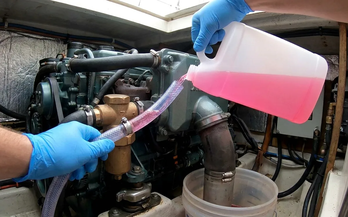 Hands feed winterising antifreeze through an inboard diesel’s raw-water strainer hose while catching the discharge.