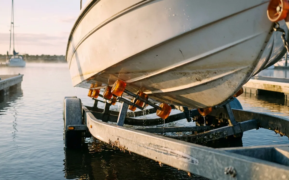 Translucent orange polyurethane rollers support a white boat on a trailer beside the water.