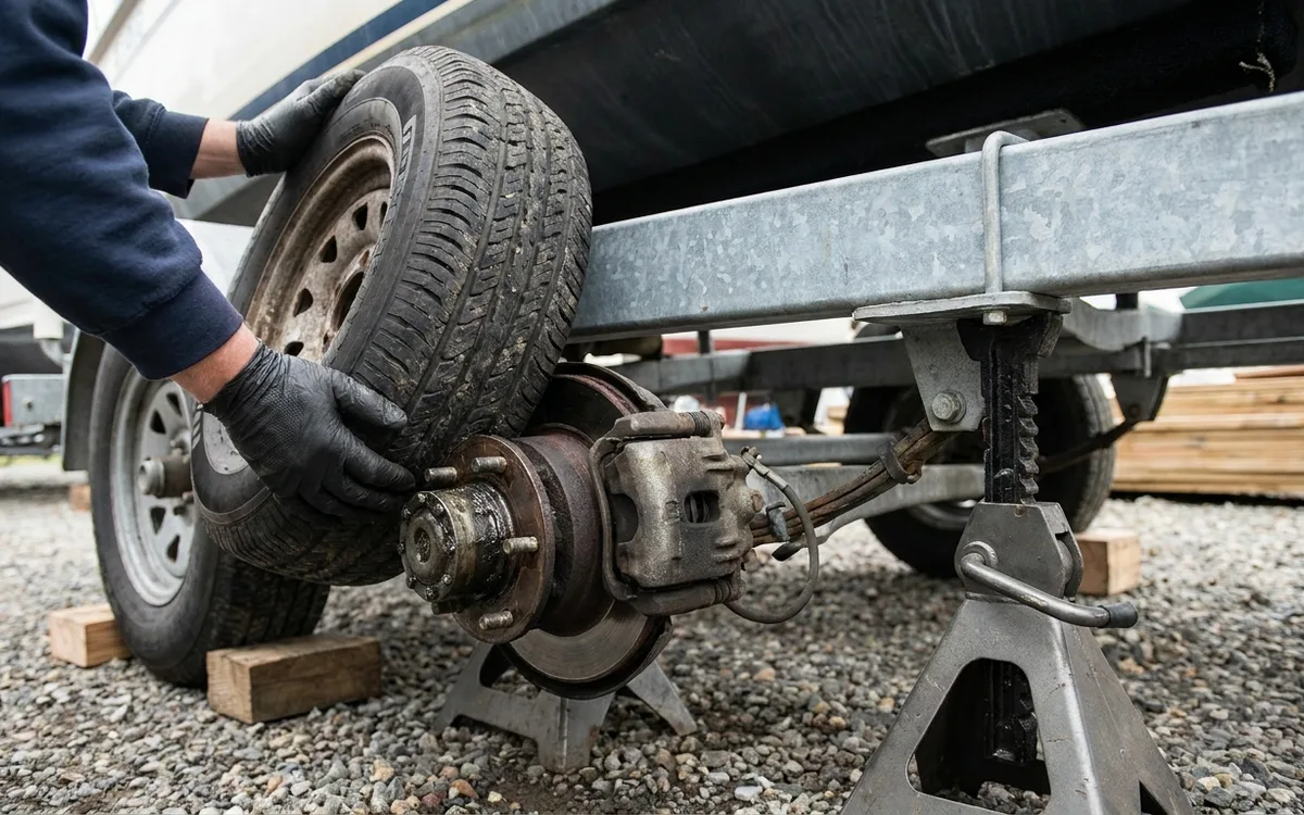 Mechanic rocks a raised trailer wheel at 12 and 6 to check bearing or suspension play.