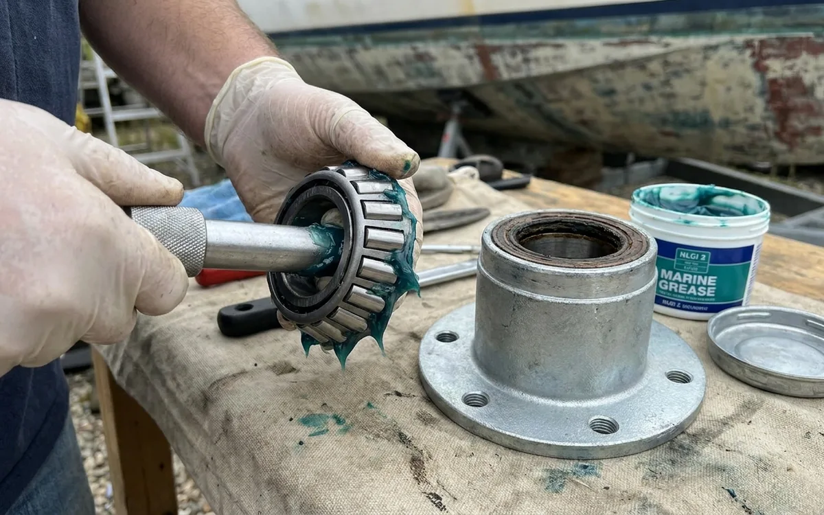 Hands pack a tapered trailer wheel bearing until fresh grease emerges between the rollers.