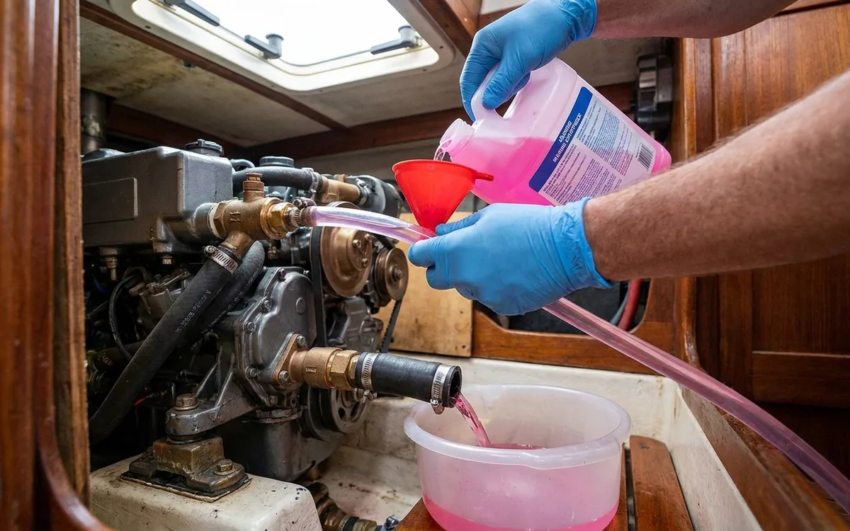 Gloved hands feed specified antifreeze into an engine’s raw-water circuit, collecting discharge beneath the exhaust.